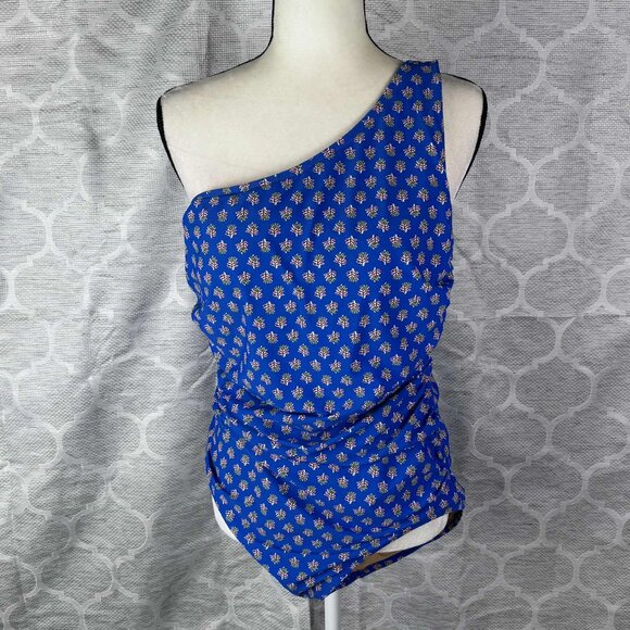 J.Crew One-Shoulder Ruched Swimsuit XL Blue Floral Print - Picture 1 of 7